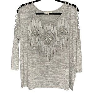 Miss Me L Cold Shoulder Beaded Rhinestone Bling Printed Top Country Western